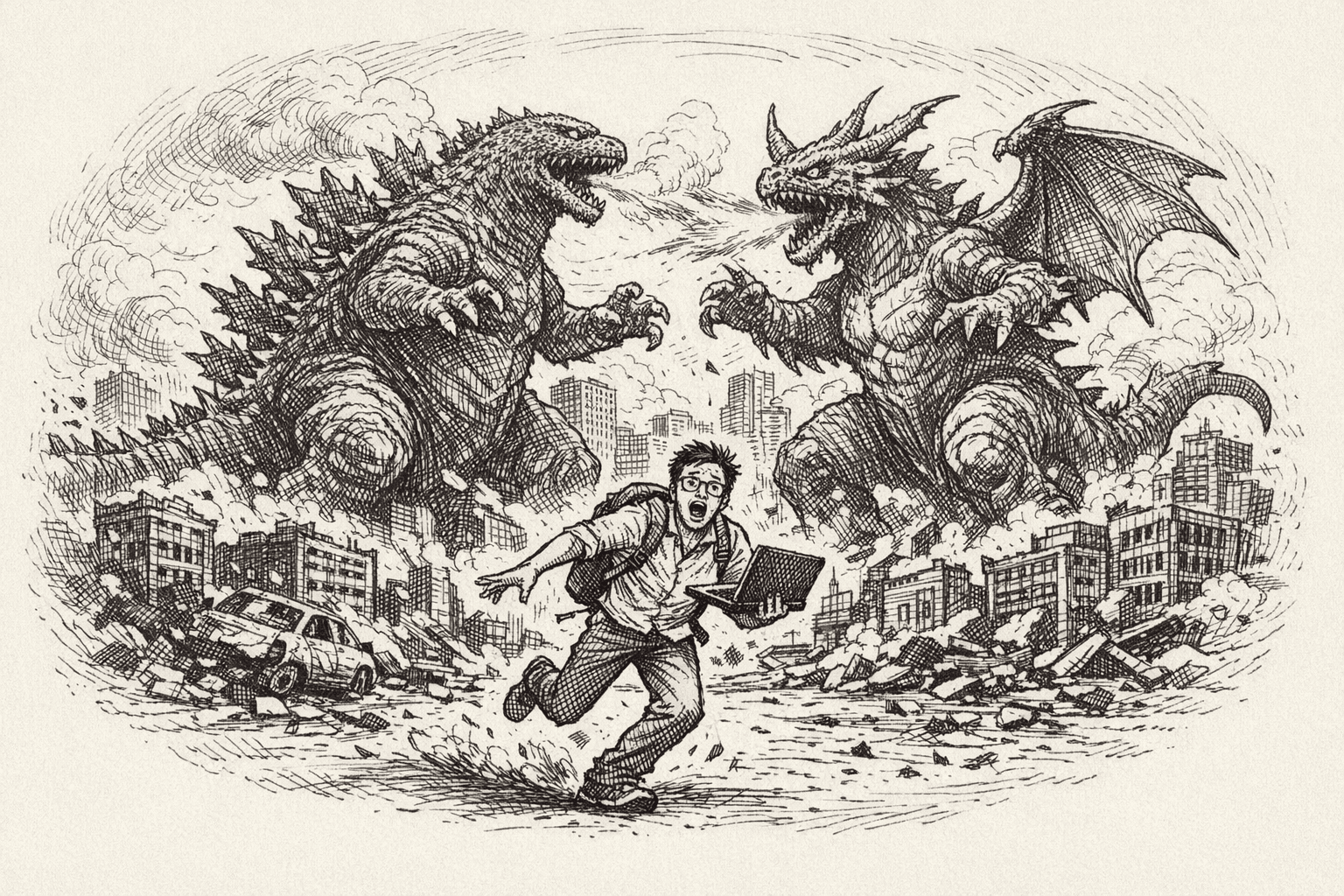 CTO Interviews: A Perspective from a Hiring CTO A field notebook sketch of giant monster kaiju fighting in a city.