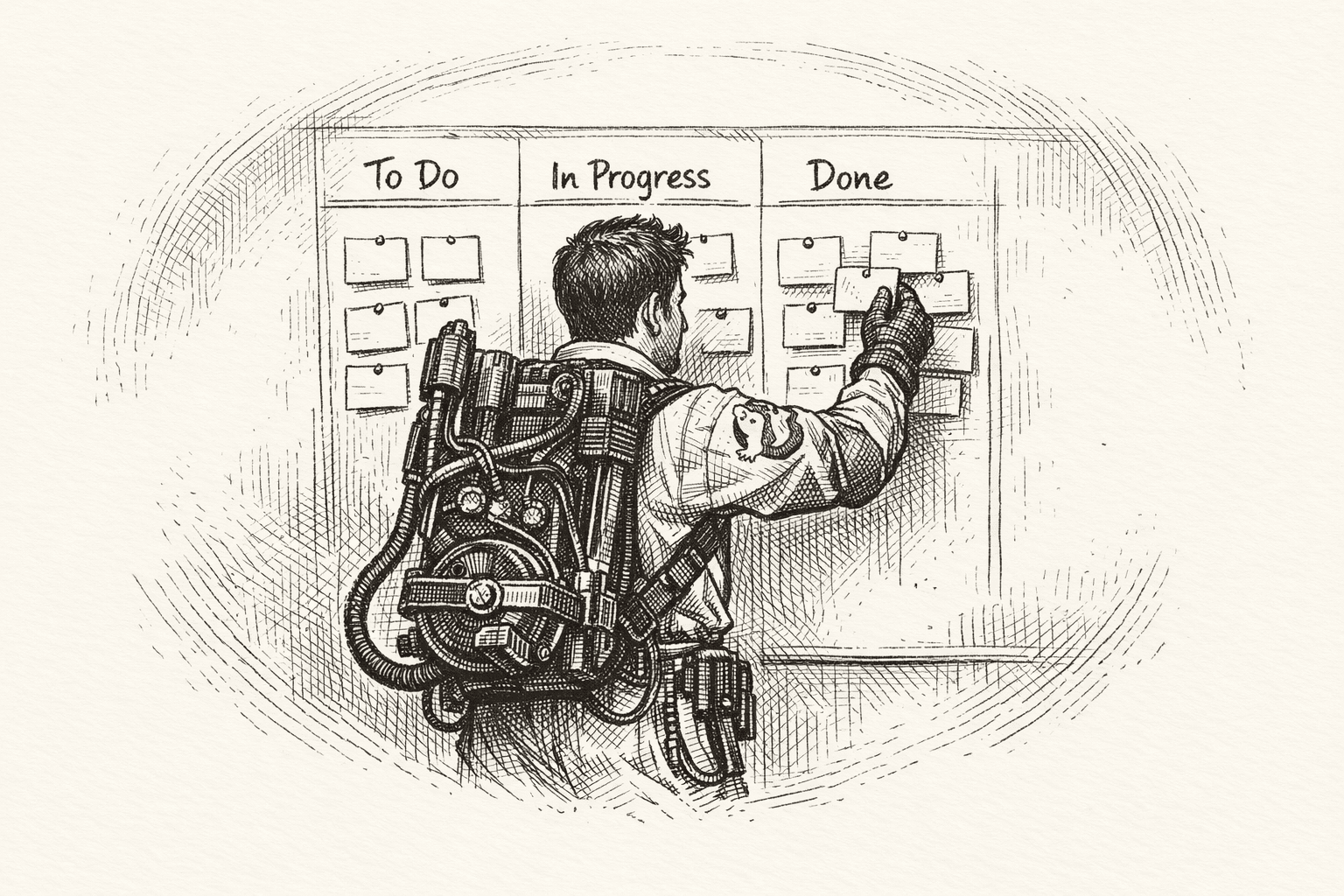 Spooked: Ghostbusters, Change Management, and the Domino Theory of Reality Ghostbuster updating kanban board.