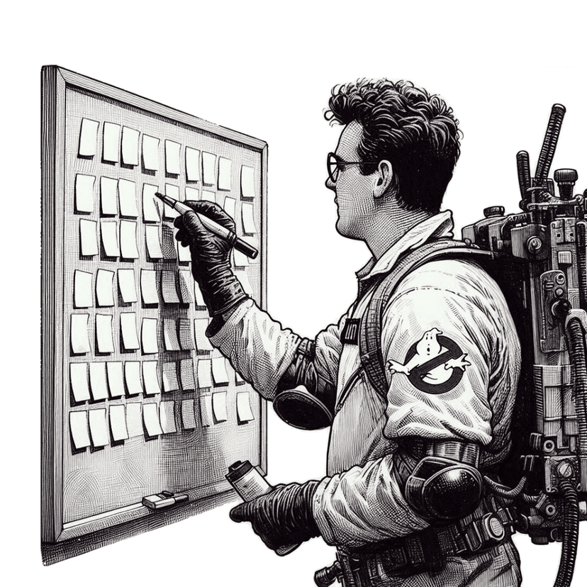 Spooked: Ghostbusters, Change Management, and the Domino Theory of Reality Ghostbuster updating kanban board.